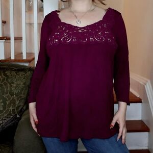 Purple 3/4 Sleeve Cato Blouse Sz 14 16 XL Crochet Trim Fairycore Cottagecore